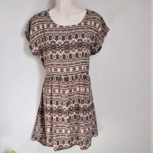 Love21 Geometric Tribal Short Sleeve Tan Boho Dress Medium
